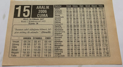 15 Aralık 2006-Orijinal Takvim Yaprağı-Doğum Günü-Söz,Nişan,Nikâh,Düğün ve Önemli Günler Hediyesi-ERAŞ Hizmet Takvimi-Ayet,Hadis (Kasım:38)-(Diraelli)-Sokates'in Üçlü Filtresi-Çocuğunuza İsim:Erkek:Emrah,Kız:Esra