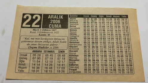 22 Aralık 2006-Orijinal Takvim Yaprağı-Doğum Günü-Söz,Nişan,Nikâh,Düğün ve Önemli Günler Hediyesi-ERAŞ Hizmet Takvimi-Ayet,Hadis (Kasım:45)-Seçme Hadisler,s.219-Veremle Savaş Eğitimi Haftası-Veremden Korunmak İçin-Verem Hastalığının Belirtileri-Çocuğunuza İsim:Erkek:Fikri,Kız:Fikriye
