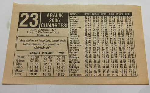 23 Aralık 2006-Orijinal Takvim Yaprağı-Doğum Günü-Söz,Nişan,Nikâh,Düğün ve Önemli Günler Hediyesi-ERAŞ Hizmet Takvimi-Ayet,Hadis (Kasım:46)-(Zariyat,56)-Yemek Adabı-Küflü ve Yanmış Yemeklere Dikkat-Çocuğunuza İsim:Erkek:Feyzullah,Kız:Fatma