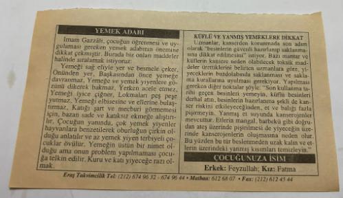 23 Aralık 2006-Orijinal Takvim Yaprağı-Doğum Günü-Söz,Nişan,Nikâh,Düğün ve Önemli Günler Hediyesi-ERAŞ Hizmet Takvimi-Ayet,Hadis (Kasım:46)-(Zariyat,56)-Yemek Adabı-Küflü ve Yanmış Yemeklere Dikkat-Çocuğunuza İsim:Erkek:Feyzullah,Kız:Fatma