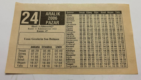 24 Aralık 2006-Orijinal Takvim Yaprağı-Doğum Günü-Söz,Nişan,Nikâh,Düğün ve Önemli Günler Hediyesi-ERAŞ Hizmet Takvimi-Ayet,Hadis (Kasım:47)-En Uzun Gecelerin Son Bulması-Kanser Tedavisi-Çocuğunuza İsim:Erkek:Feyyaz,Kız:Fehime