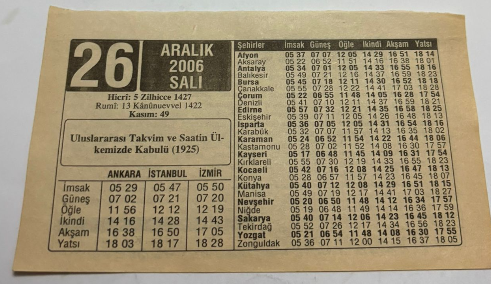 26 Aralık 2006-Orijinal Takvim Yaprağı-Doğum Günü-Söz,Nişan,Nikâh,Düğün ve Önemli Günler Hediyesi-ERAŞ Hizmet Takvimi-Ayet,Hadis (Kasım:49)-Uluslararası Takvim ve Saatin Ülkemizde Kabulü(1925)-Kurban-Çocuğunuza İsim:Erkek:Feridun,Kız:Ferda