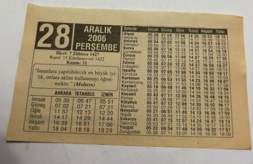 28 Aralık 2006-Orijinal Takvim Yaprağı-Doğum Günü-Söz,Nişan,Nikâh,Düğün ve Önemli Günler Hediyesi-ERAŞ Hizmet Takvimi-Ayet,Hadis (Kasım:51)-(Moliere)-Kurban Kimlere Borçtur-Bilmeceler-Çocuğunuza İsim:Erkek:Ferhat,Kız:Feriha