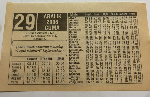 29 Aralık 2006-Orijinal Takvim Yaprağı-Doğum Günü-Söz,Nişan,Nikâh,Düğün ve Önemli Günler Hediyesi-ERAŞ Hizmet Takvimi-Ayet,Hadis (Kasım:52)-(Yarın sabah namazını müteakip ''Teşrik Tekbirleri'' başlayacaktır)-Kurban Edilen ve Edilemeyen Hayvanlar-Piz Lazuz-Çocuğunuza İsim:Erkek:Fazıl,Kız:Fazilet