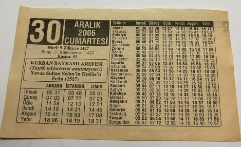 30 Aralık 2006-Orijinal Takvim Yaprağı-Doğum Günü-Söz,Nişan,Nikâh,Düğün ve Önemli Günler Hediyesi-ERAŞ Hizmet Takvimi-Ayet,Hadis (Kasım:53)-KURBAN BAYRAMI AREFESİ(Teşrik tekbirlerini unutmayınız!)-Yavuz Sultan Selim'in Kudüs'ü Fethi(1517)-Kurban'ın Bedelini Vermek-Kurban Etinin Taksimi-Çocuğunuza İsim:Erkek:Fatih,Kız:Feyza