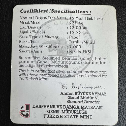 Türkiye 15 Yeni Türk Lirası 2005. 925 Ayar Gümüş.  Sertifikalı, Proof Baskı, Nadir (5.000 Ad Basım) 23. Universiade 2005 İzmir. 1368 Sıra Nolu.