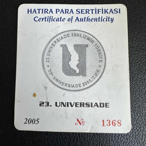 Türkiye 15 Yeni Türk Lirası 2005. 925 Ayar Gümüş.  Sertifikalı, Proof Baskı, Nadir (5.000 Ad Basım) 23. Universiade 2005 İzmir. 1368 Sıra Nolu.