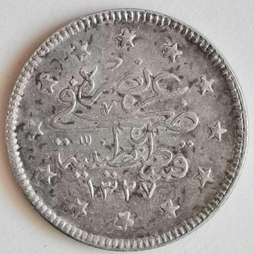 OSMANLI DEVLETİ  SULTAN MEHMET REŞAT DÖNEMİ  1327 / 2    2 KURUŞ  GÜMÜŞ  2,4  GRAM  Eski Tip: Tuğranın sağında 