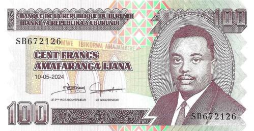 BURUNDİ 100 FRANK (AMAFRANGA) 2024, P#44c, ÇİL, ESKİ YABANCI KAĞIT PARA