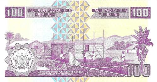 BURUNDİ 100 FRANK (AMAFRANGA) 2024, P#44c, ÇİL, ESKİ YABANCI KAĞIT PARA