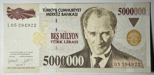 7. Emisyon 5 Milyon Türk Lirası L05 394922 Çil Kondisyonda Koleksiyonluk Eski Para