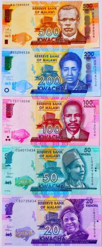 Malawi 20-50-100-200-500 Kwacha Çil 5'li Kağıt Para Seti..