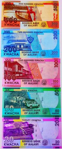 Malawi 20-50-100-200-500 Kwacha Çil 5'li Kağıt Para Seti..