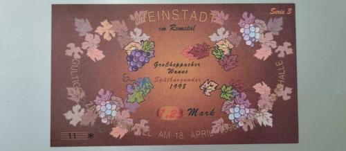 1998 YILI  Almanya'nın Weinstadt bölgesine ait ÜZÜM BAĞLARI VE ŞARAPÇILIK FESTİVALİ KUPONU 1,25 MARK DEĞERİNDE NOTGELD RESİMDE GÖRÜLDÜĞÜ GİBİ.