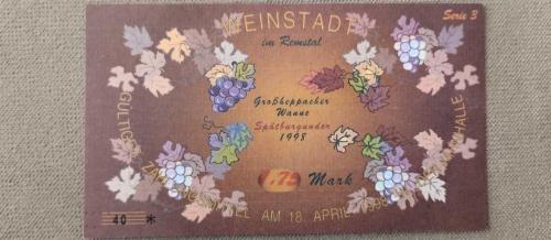 1998 YILI Almanya'nın Weinstadt (Remstal bölgesi) kentine ait, ÜZÜM BAĞLARI VE ŞARAPÇILIK FESTİVALİ KUPONU 1,75 MARK DEĞERİNDE NOTGELD RESİMDE GÖRÜLDÜĞÜ GİBİ.