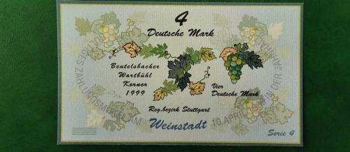 1999 YILI  Almanya'nın Weinstadt şehri Beutelsbacher Wartbühl bölgesine ait  ÜZÜM BAĞLARI VE ŞARAPÇILIK FESTİVALİ KUPONU 4 MARK DEĞERİNDE NOTGELD RESİMDE GÖRÜLDÜĞÜ GİBİ.