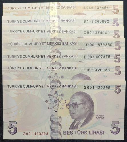9. Emisyon Harf Takımı 5 TL A-B-C001-D001-E001-F001-G001 Tam Takım     ÇİL