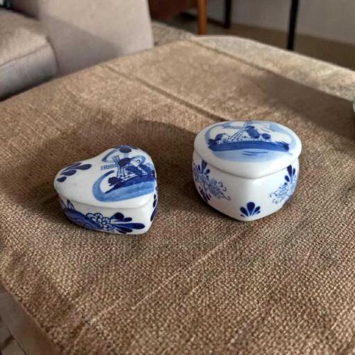 2'li Delft Blue Tarzı Kalp Porselen Takı Kutusu - Yel Değirmeni Desenli