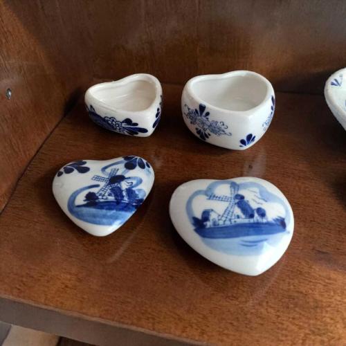 2'li Delft Blue Tarzı Kalp Porselen Takı Kutusu - Yel Değirmeni Desenli