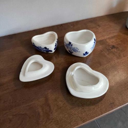 2'li Delft Blue Tarzı Kalp Porselen Takı Kutusu - Yel Değirmeni Desenli