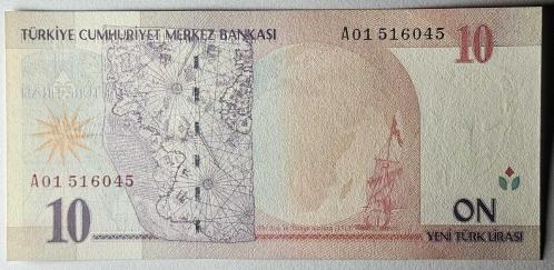 8. Emisyon 10 (YTL) Yeni Türk Lirası A01 516045 Çil Kondisyonda Koleksiyonluk Eski Para