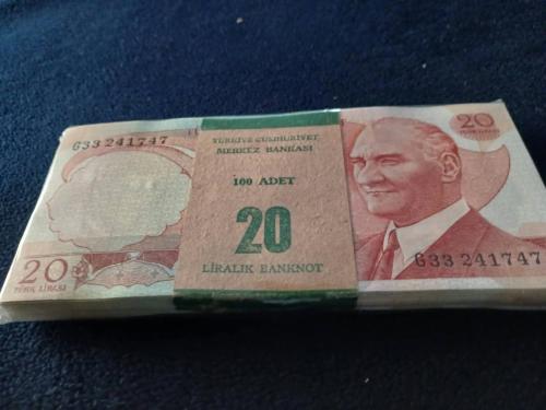 6. Emisyon 20 Lira Çil Tam Sıralı Deste 100 adet orjinal darphane bandrollü