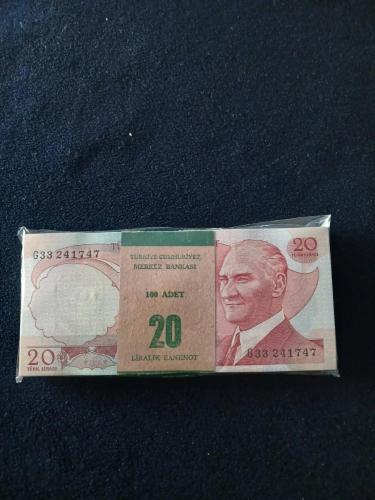 6. Emisyon 20 Lira Çil Tam Sıralı Deste 100 adet orjinal darphane bandrollü