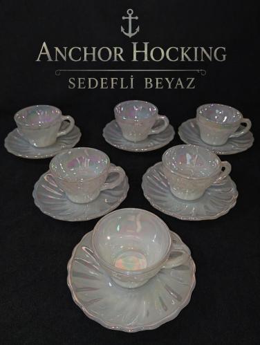 ANCHOR Hocking USA imali Türk kahve takımı ( 6 fincan 6 tabak)  -Sedefli beyaz