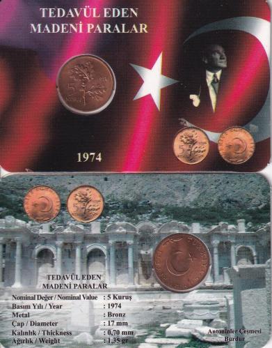 Türkiye 1974 Yılı Tedavül Bakır 5 Kuruş Çil Özel Renkli Kapamasında ( UNC )