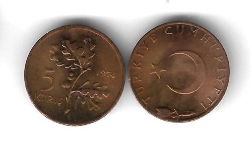 Türkiye 1974 Yılı Tedavül Bakır 5 Kuruş Çil Özel Renkli Kapamasında ( UNC )