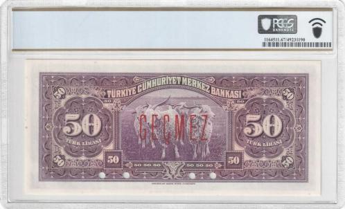 TÜRKİYE 1930 50 LİRA (3.Emisyon 1.Tertip) SPECIMEN 00000 PCGS 67 PPQ – POP 1 ELITE NADİR+ULTRA NADİR ÇİL