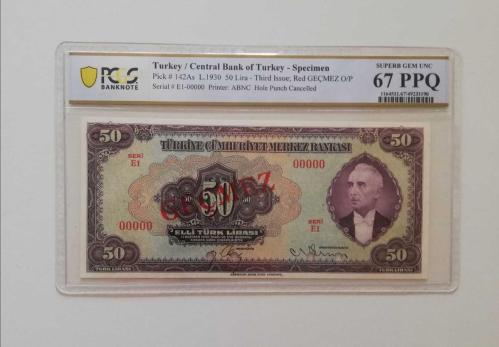 TÜRKİYE 1930 50 LİRA (3.Emisyon 1.Tertip) SPECIMEN 00000 PCGS 67 PPQ – POP 1 ELITE NADİR+ULTRA NADİR ÇİL