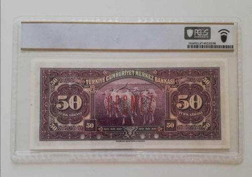 TÜRKİYE 1930 50 LİRA (3.Emisyon 1.Tertip) SPECIMEN 00000 PCGS 67 PPQ – POP 1 ELITE NADİR+ULTRA NADİR ÇİL