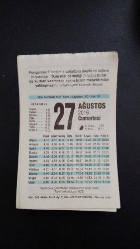 27 Ağustos   2016 Fazilet  orijinal takvim yaprağı doğum günü - özel gün hediyesi