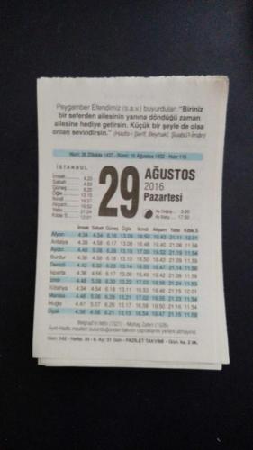 29 Ağustos   2016 Fazilet  orijinal takvim yaprağı doğum günü - özel gün hediyesi