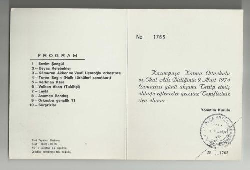 KASIMPAŞA KARMA ORTAOKULU 9 MART 1974 GÜNÜ EĞLENCELER GECESİ DAVETİYESİ...