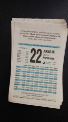 22 Aralık  2016 Fazilet  orijinal takvim yaprağı doğum günü - özel gün hediyesi