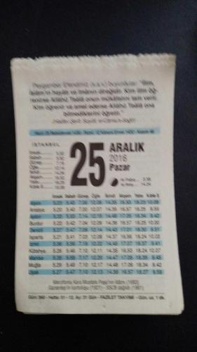 25 Aralık  2016 Fazilet  orijinal takvim yaprağı doğum günü - özel gün hediyesi