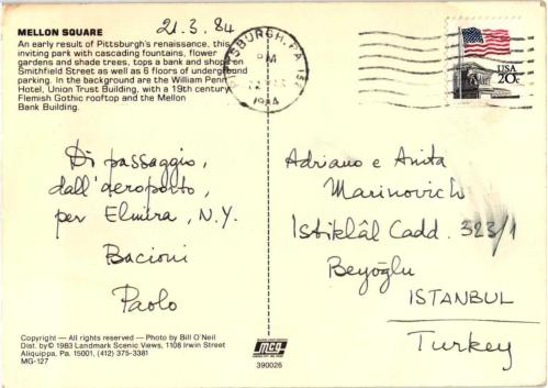 1984 AMERİKA  PİTTSBURGH'TAN BEYOĞLU İSTANBUL'A GÖNDERİLMİŞ KARTPOSTAL