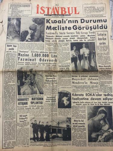YENİ İSTANBUL GAZETESİ - DOĞUM GÜNÜ HEDİYESİ (TURKISH NEWSPAPPER) - 5 NİSAN 1958 - SADECE DÖRT SAYFADIR -Habib Edib Törehan-Fatin Rüştü Zorlu-Adnan Menderes-Celal Bayar-Yük. Müh. Sait Alpay-Muazzez Aruoba-Mehmet Davaz-Kemal Kıyak-Neven Kinay-Marilyn Monroe-Arthur Miller-Prenses Grace-Brando-Lancaster-Newman-Kwali’nin durumu mecliste görüşüldü-Hazine 1.600.000 lira tazminat ödeyecek-Hürriyet partisinin istişari toplantısı-Nato’dan burs kazanan bir Türk profesörü-Fatin Rüştü Zorlu dün gece geldi-Kıbrıs’ta EOKA’cılar tehdit faaliyetine devam ediyor-Atina’da sol ve sağ arasında siyasi pazarlık-Makine imal edecek makineleri yapabiliyoruz-Kıbrıs komitesinin statüsü hazırlanıyor-Tünel meydanına verilecek yeni şekil tespit edildi-25 yıl önce bugün-Londra mektupları İngiltere’de iki meclis-Teminatlı hakim gibi teminatlı hekim-İzmit Deniz Satınalma Komisyonu Başkanlığından-Karabük Belediye Reisliğinden-İran Şahı ile dört saat-Marilyn Monroe’nun kocası Arthur Miller’e göre ebedi cazibe-Kadın ve p
