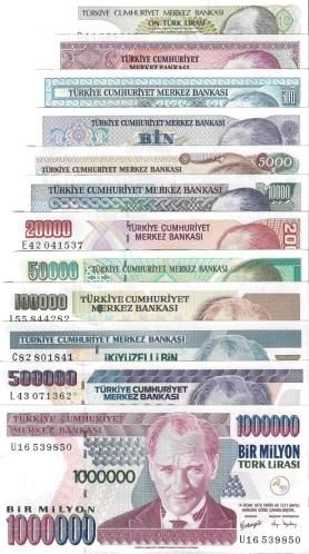 Türkiye 7,Emisyon Tam Set Yerli Kağıt Para ÇİL (Unc) Koleksiyon Para (12 Parça)