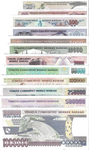 Türkiye 7,Emisyon Tam Set Yerli Kağıt Para ÇİL (Unc) Koleksiyon Para (12 Parça)