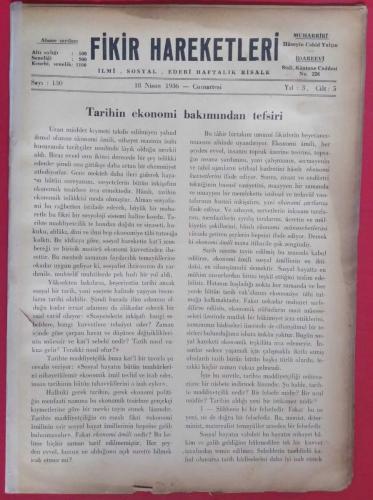 Fikir Hareketleri İlmi Sosyal Edebi Haftalık Risale Sayı 130 (18 Nisan 1936)