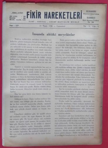 Fikir Hareketleri İlmi Sosyal Edebi Haftalık Risale Sayı 129 (11 Nisan 1936)