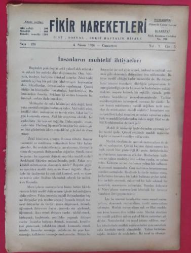 Fikir Hareketleri İlmi Sosyal Edebi Haftalık Risale Sayı 128 (4 Nisan 1936)
