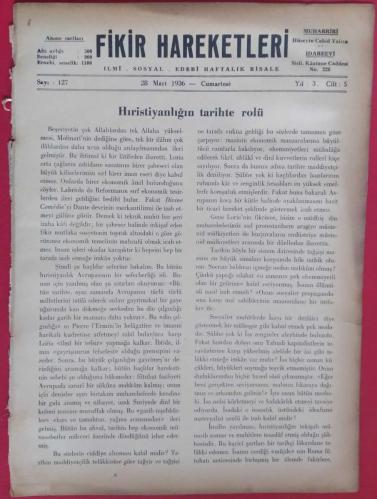 Fikir Hareketleri İlmi Sosyal Edebi Haftalık Risale Sayı 127 (28 Mart 1936)