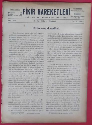 Fikir Hareketleri İlmi Sosyal Edebi Haftalık Risale Sayı 126 (21 Mart 1936)