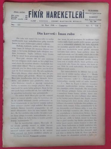 Fikir Hareketleri İlmi Sosyal Edebi Haftalık Risale Sayı 125 (14 Mart 1936)