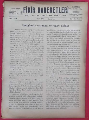 Fikir Hareketleri İlmi Sosyal Edebi Haftalık Risale Sayı 124 (7 Mart 1936)