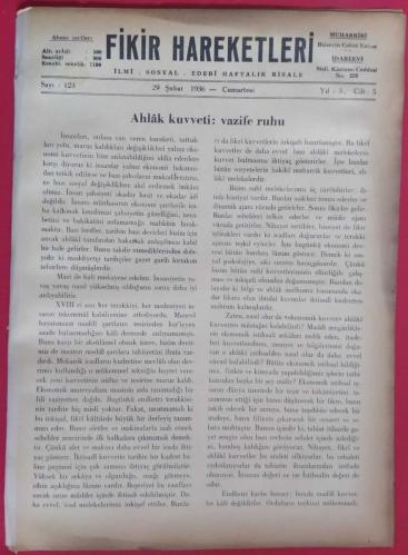 Fikir Hareketleri İlmi Sosyal Edebi Haftalık Risale Sayı 123 (29 Şubat 1936)